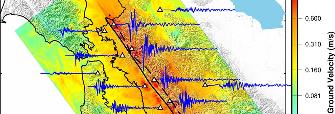 Simulated strength of shaking from a magnitude 7.0 Hayward Fault earthquake showing peak ground velocity (colorbar) and seismograms (blue) at selected locations (triangles). Rodgers/Sjogreen/Petersson